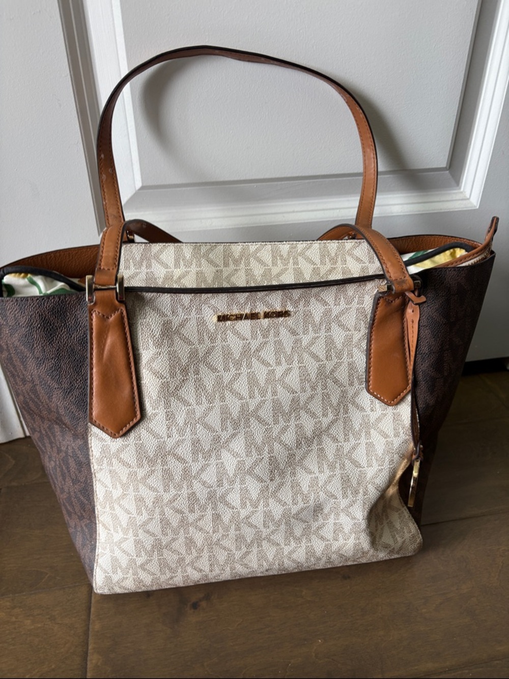 Michael Kors Two-Tone Signature Tote in Cream and Brown with Tan Trim